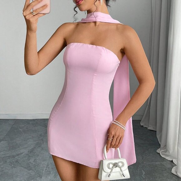 Baby Pink Elegant Party Women's Halter Bodycon Mini Dress - Picture 8 of 11